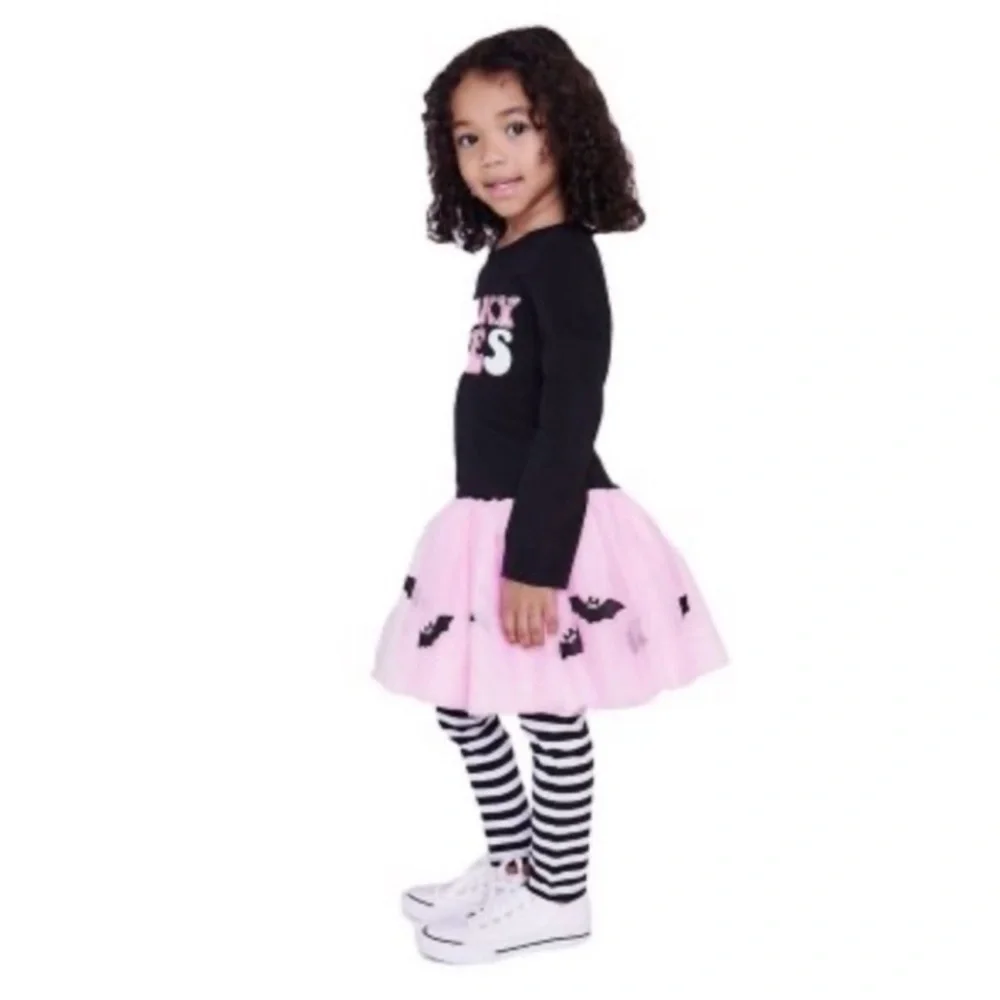 Spooky Vibes Tutu and Legging Fall / Halloween Set, Size 6, pink tulle w/ bats